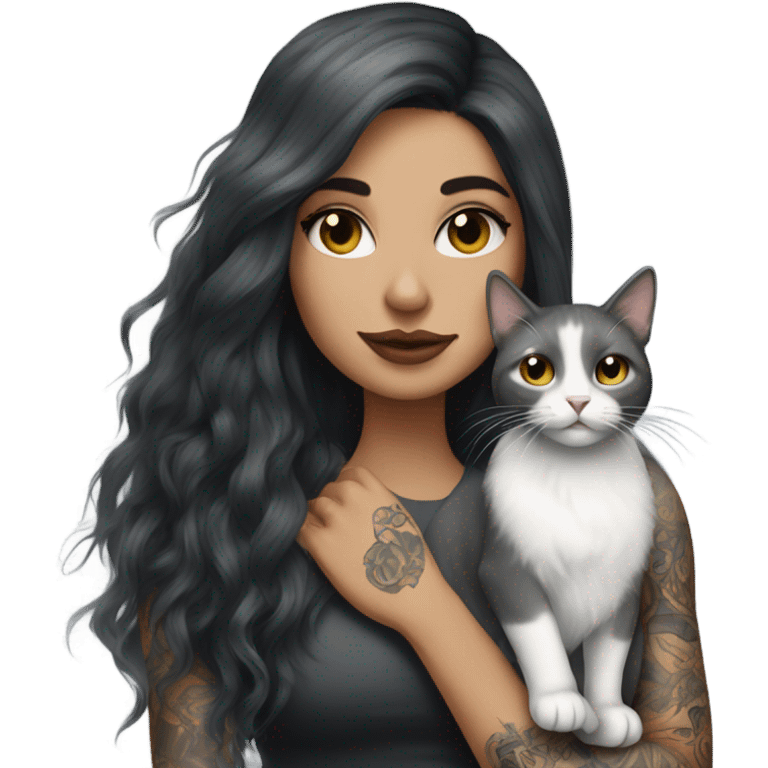 Beautiful dark haired tattooed woman holding gray and white long hair cat emoji