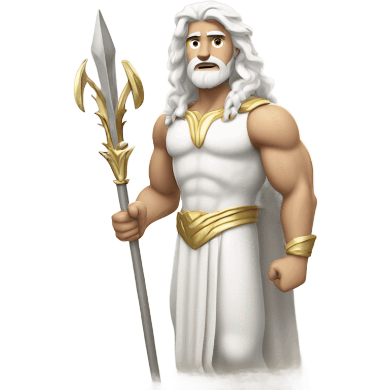 white Poseidon with gold Trident. long white hair white dress. show biceps muscle emoji