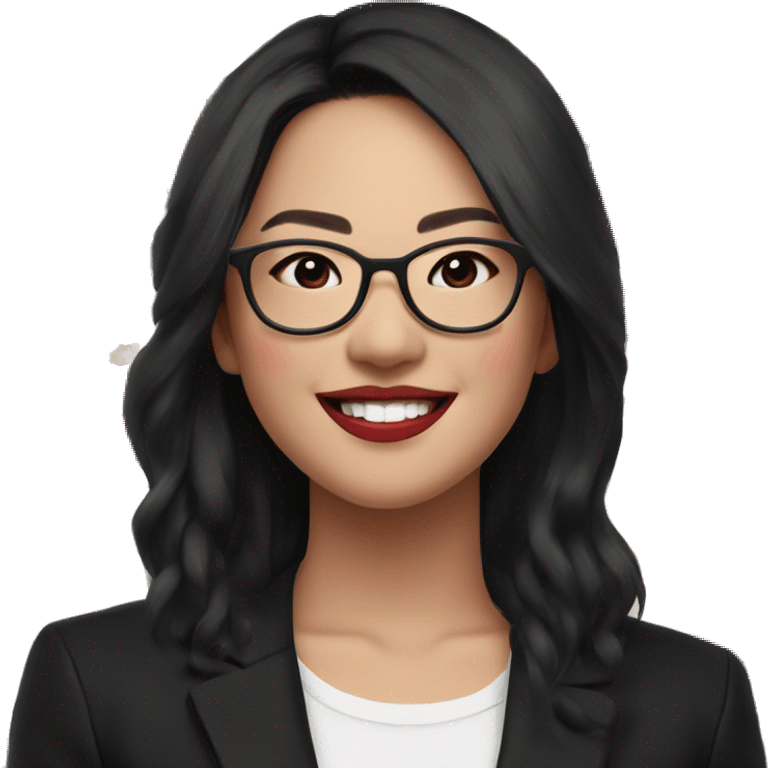 Asian girl, smiling with teeth, fair skin, black long hair, black eyes, black glasses with gold frames, red lipstick, wearing a white lace tank top and a black office jacket on top, with pink and red roses around her emoji