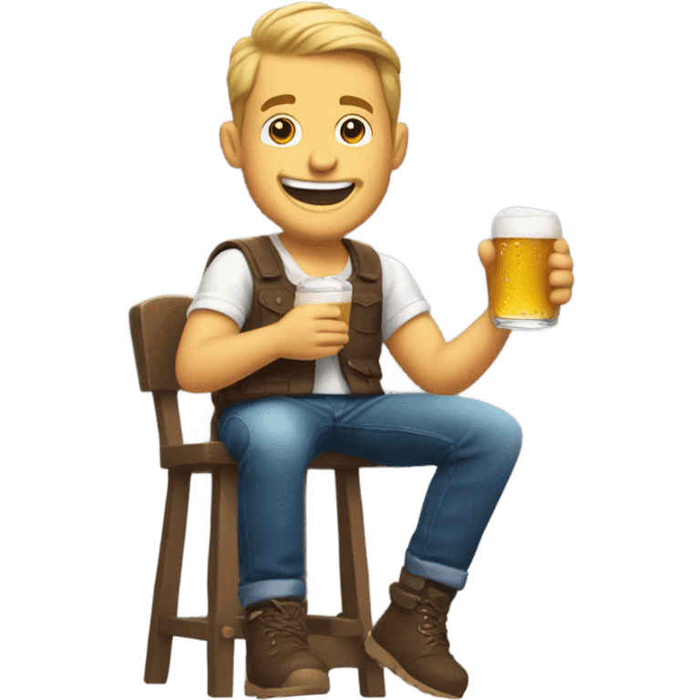 A happy white guy sitting on a barstool drinking a beer and looking at his phone  emoji