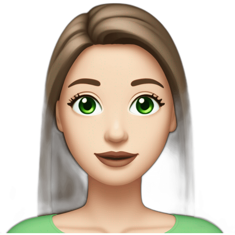 Long straight brown hair bright-emerald-green eyes medium-full dusty-pink lips oval face slightly arched eyebrows woman, slightly smiling close-lipped pale white skin emoji