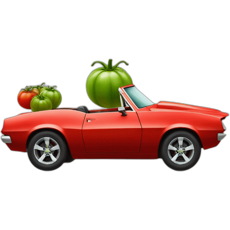 tomato headed man driving a red camaro emoji