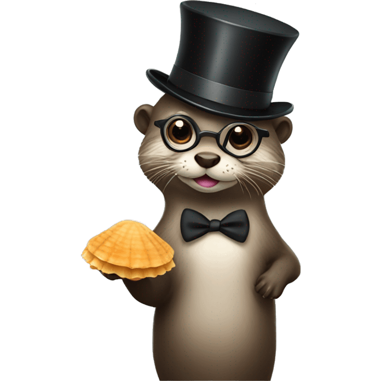 Cute Otter with glasses and top hat holding a lot of scallops emoji