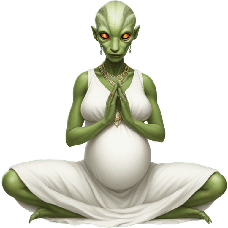 a Reptilian alien woman, pregnant, in meditation, white dress like a priestess emoji