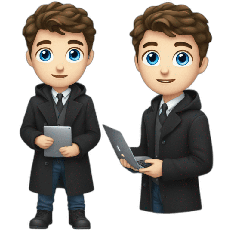 Blue eyes ,uses laptop in hands, uses laptop in hands, Blue eyes, Classy programmer, 13 years old, coat, formal outfit, pc in hands, brunette boy, black coat, all body emoji