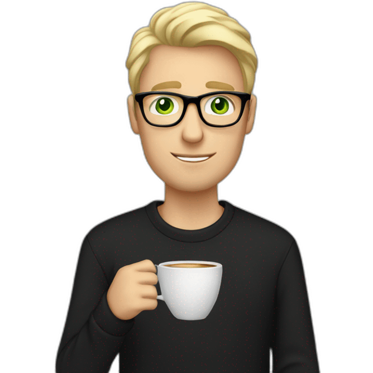 Blonde man green eyes in black jumper with clear glasses holding a white coffee cup emoji