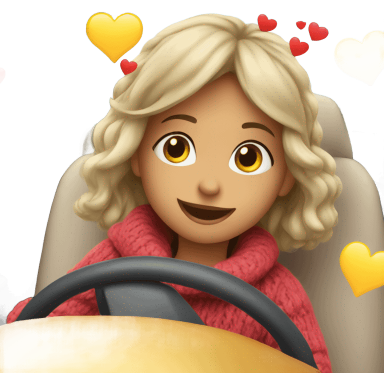 smiling girl in sweater driving in car with hearts emoji