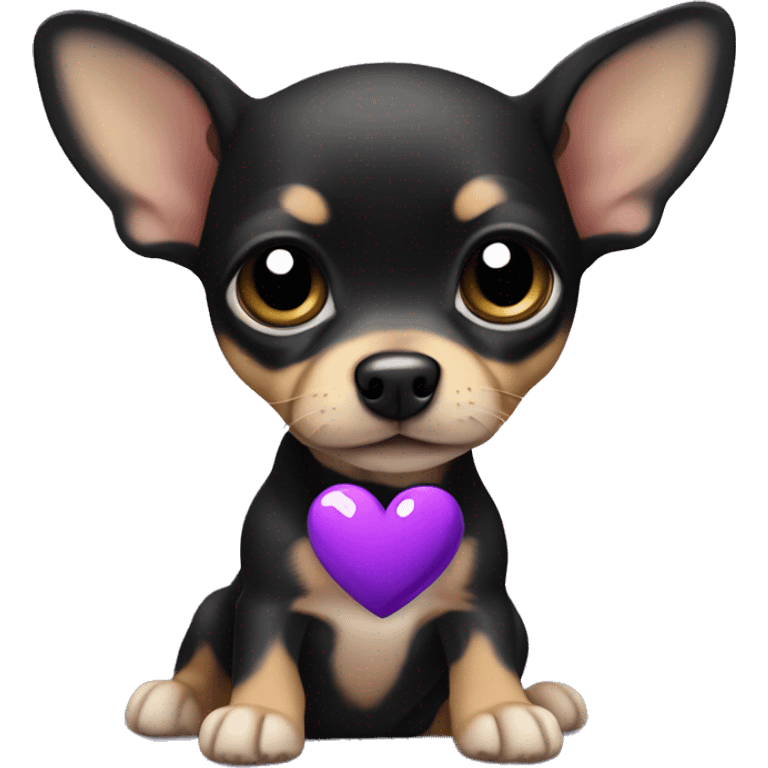 black & tan chihuahua puppy with a purple heart emoji