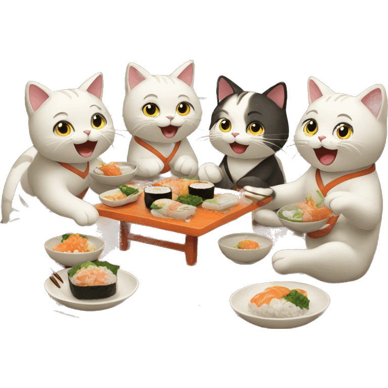 four HAPPY cats having SUSHI DINNER emoji