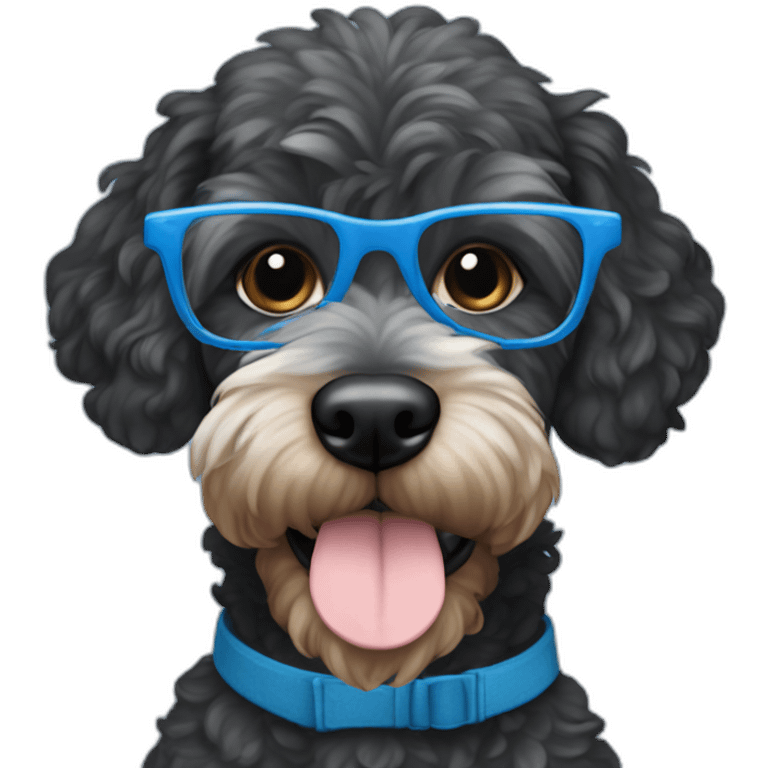 black cockapoo with white hairs on his chin wearing blue rectangle glasses emoji