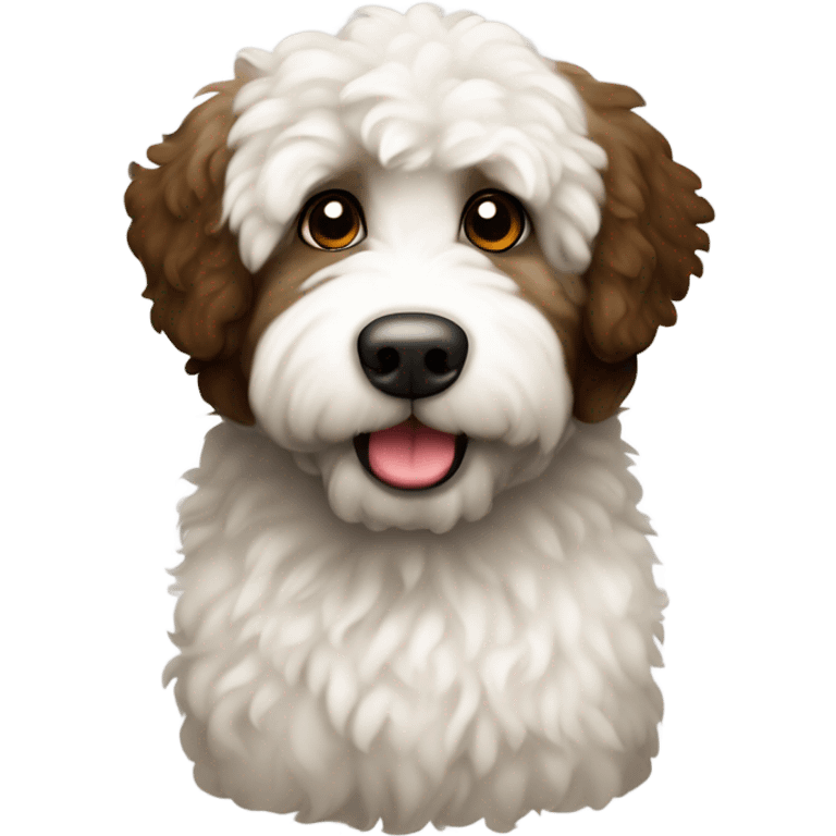 white and dark brown chubby labradoodle with white chest and brown eyes emoji