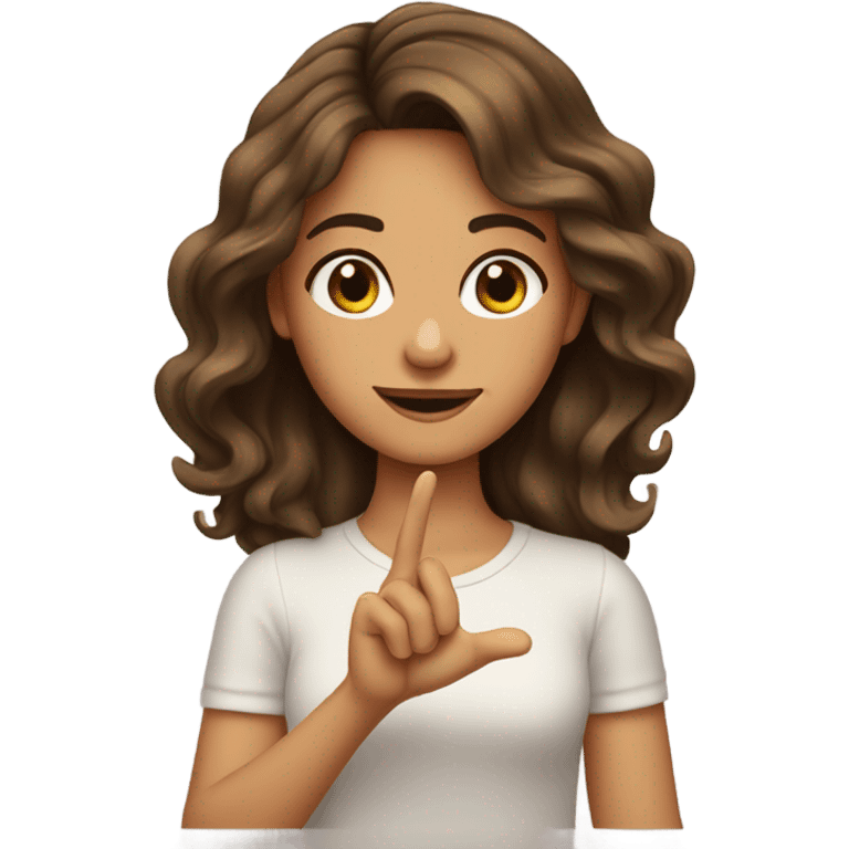 pretty tan brunette wavy hair girl holding her fingers in shape of an L in front of forehead emoji