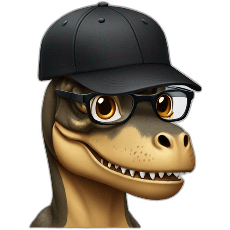 trex with black baseball cap wearing thick glasses and black shirt emoji