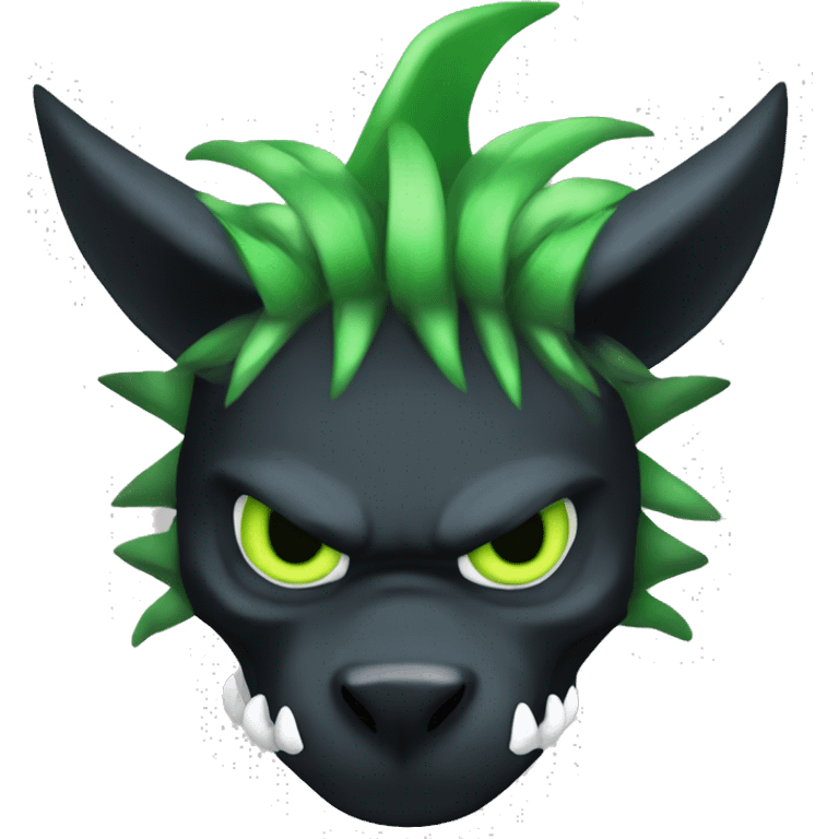 Digimon-Fakémon, horns, black body, green mane, anthro, furry, shark, black skull face, black skull mask, green stripes, tufted tail,  emoji