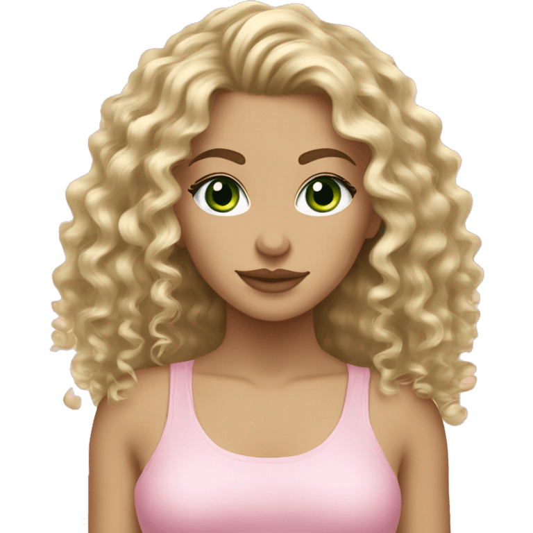 Dirty blonde curly hair, fair skin,dark green eyed blonde girl wearing light pink emoji