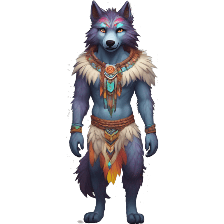 Anthro Fluffy Colorful Shy Spiritual Shamanic WereWolf-sona With Shiny Tribal Markings wearing feathers Full Body emoji