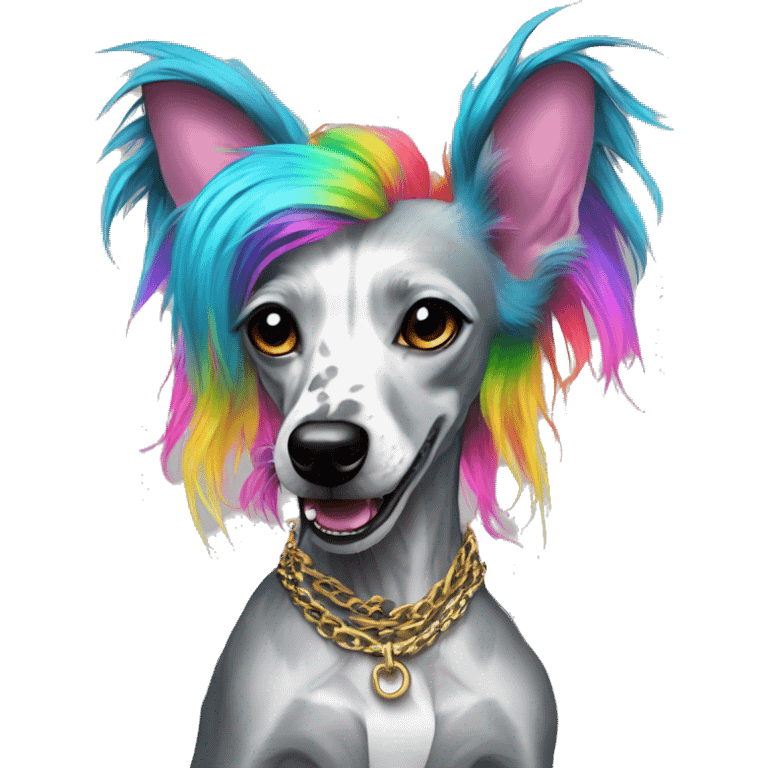 Punk Chinese crested dog neon rainbow hair gold chain punk piercings tattoos punk ear piercings emoji