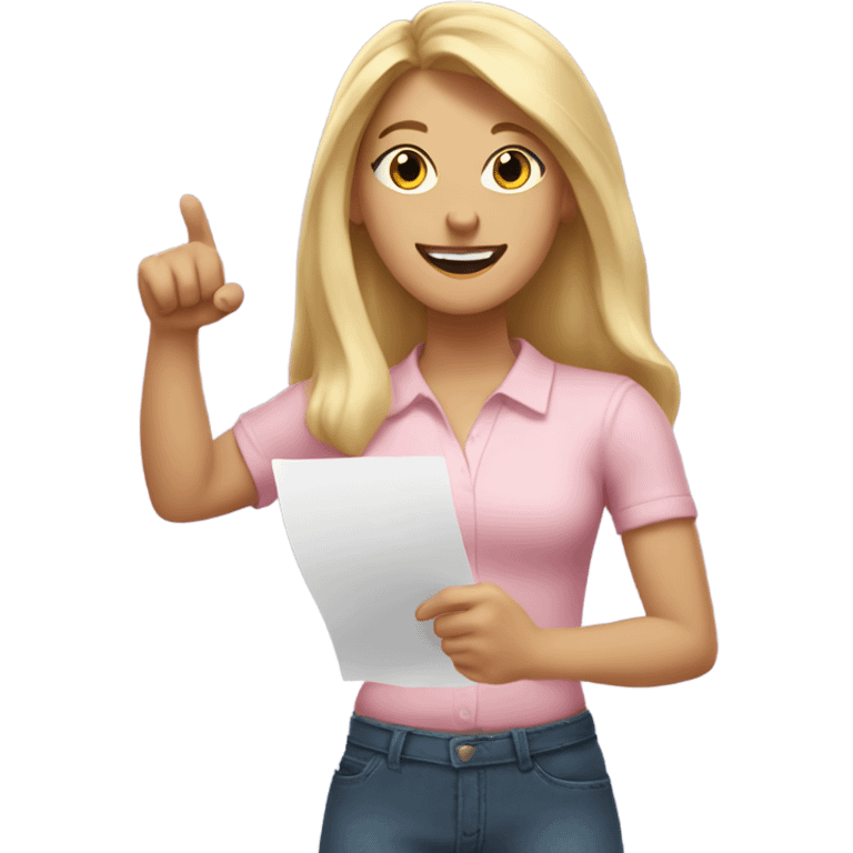 White woman with long blonde hair, wearing a light pink shirt, showing off a completed to do list in one hand, and flexing her other arm emoji