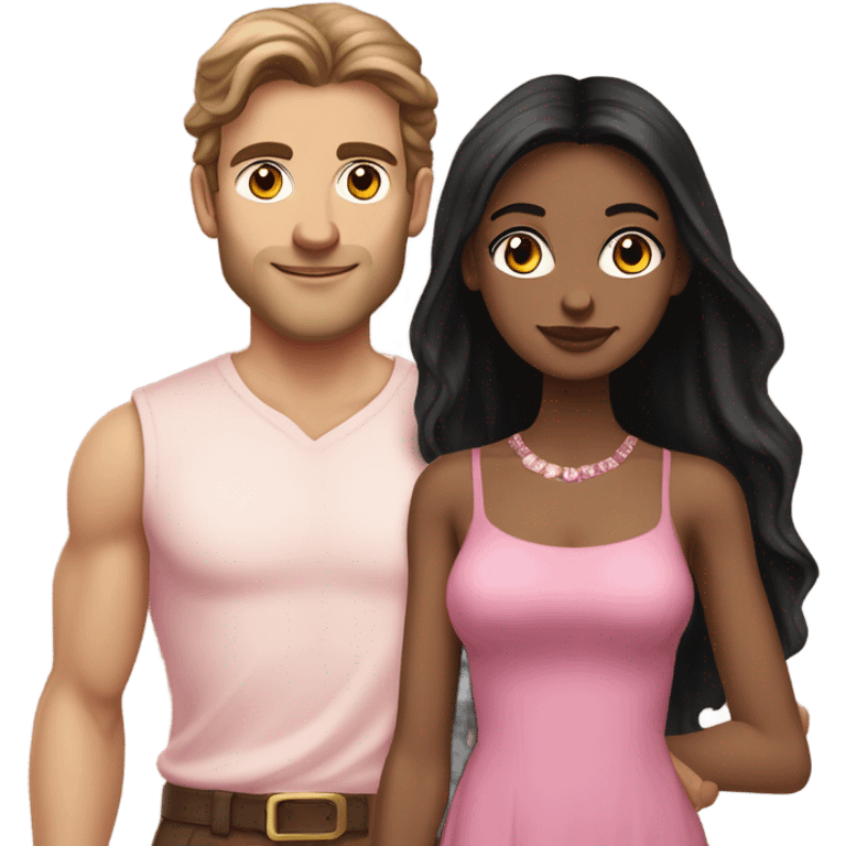 A handsome pale Greek god man who has long brown hair and tanned skin with a pretty black skinny tall model woman who has long black hair and she is wearing a pink dress and they are a couple emoji