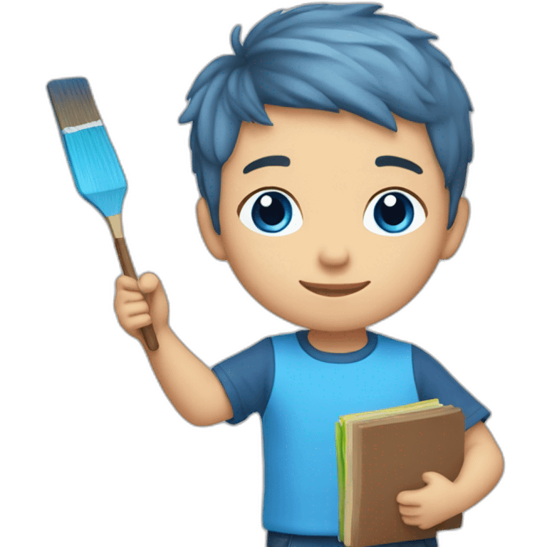 An 6-year-old boy with blue short middle hair, with a palette in hand, with blue eyes emoji