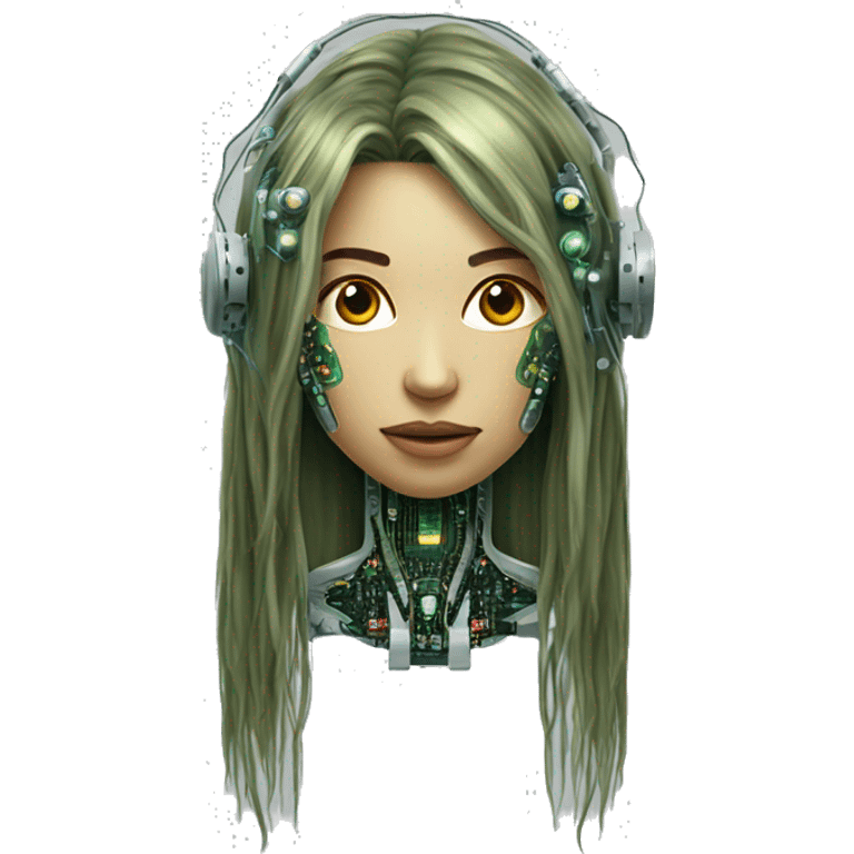 Olive green long hair female cyborg head with circuits emoji