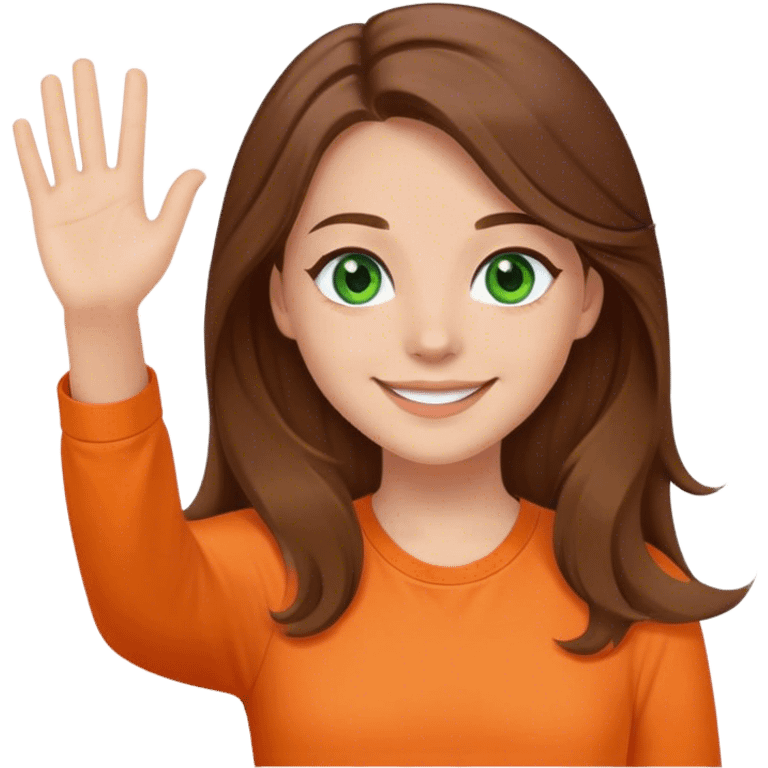 smiling girl with brown hair, long hair, middle hair part, waving, green eyes, orange shirt emoji