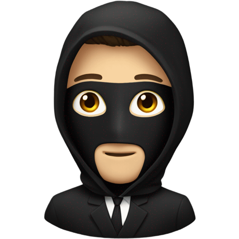 Man in a full black suit and a black hood with a black mask that has details of his face emoji