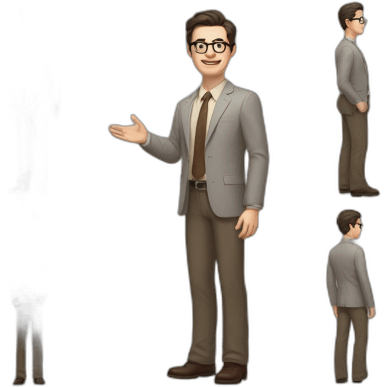 Full height Actively gesturing with hands Pale skinned fit man with dark brown hair in gray jacket, beige office shirt, brown tie, brown pants and vintage glasses. emoji