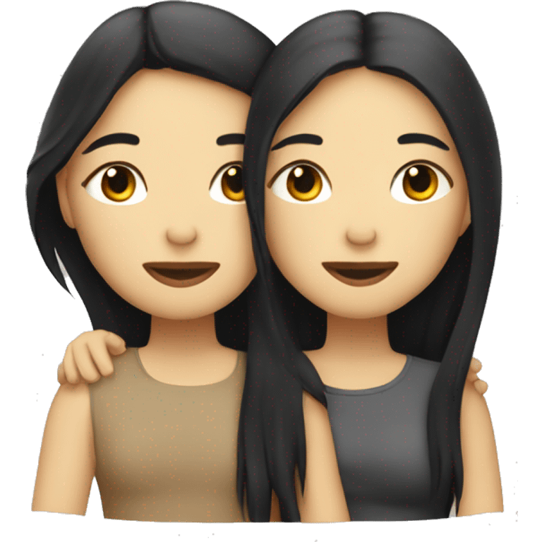 A lesbian couple with white skin and long black hair hugging intimately with their eyes closed emoji