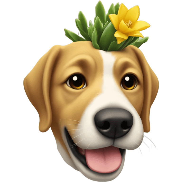 A dog with a yellow small cactus in its mouth and there aren’t prickles but there is a vein in it emoji