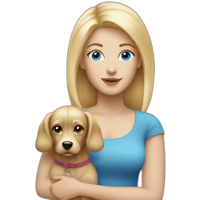 Blond woman with blue eyes with a small blond dog emoji