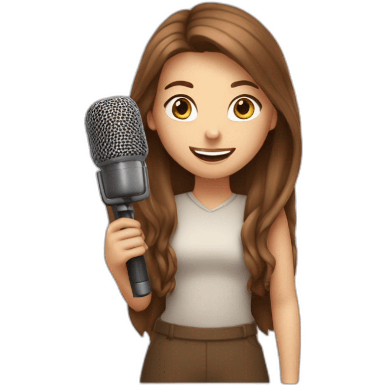 Caucasian girl with long Brown hair holding a michophone singing happy emoji