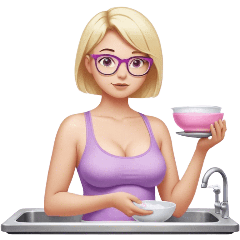 Thick fair skinned woman, short blond hair, small light purple reading glasses, washing dishes, sheer pink tank top, showing natural B cup breast shape SFW, black yoga pants, thick booty emoji