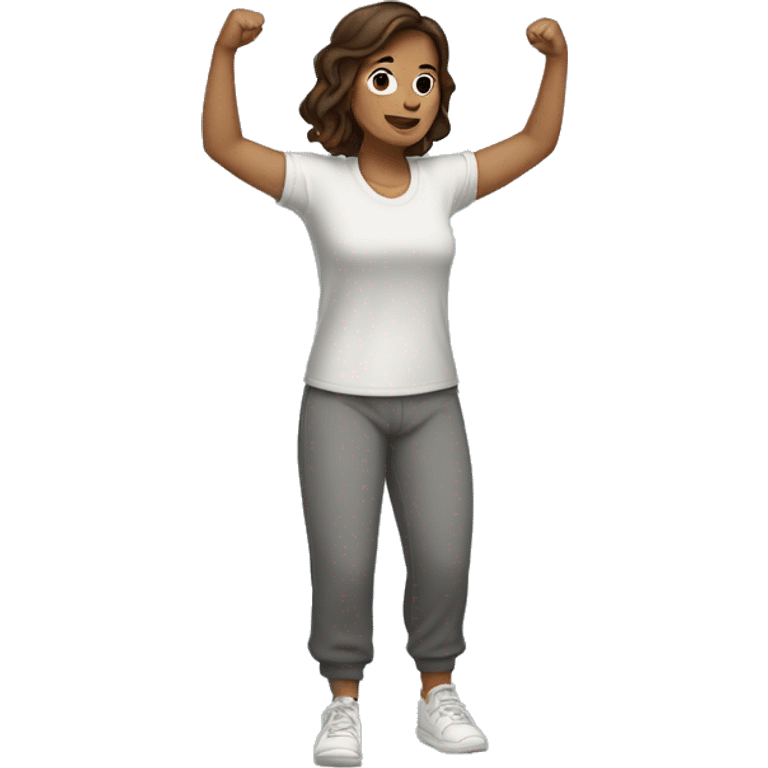 A woman in sweatpants and a t shirt standing up, full body view she is holding her arms out as if se is handing someone something, brown hair emoji