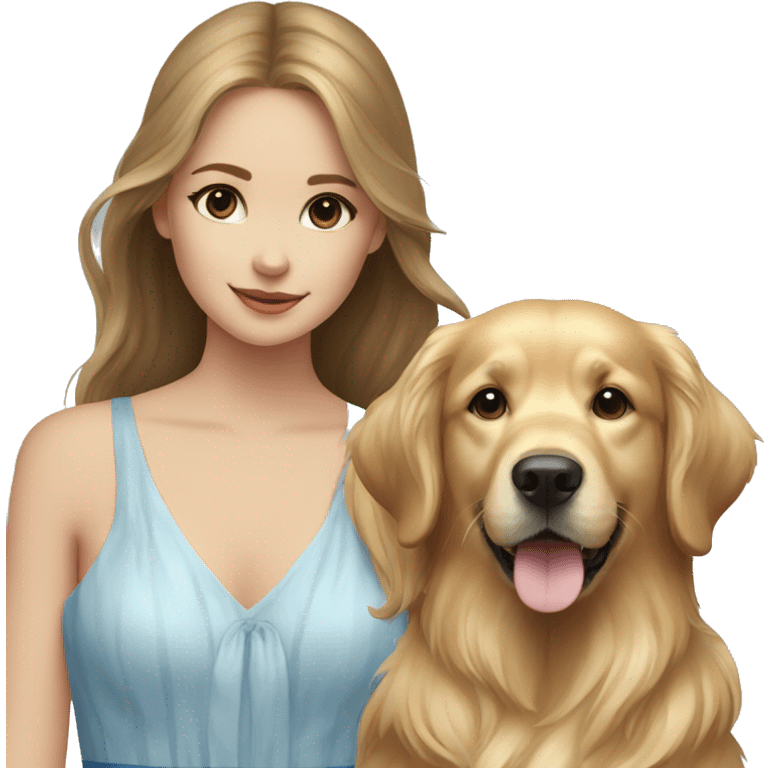 Golden retriever with a girl in white blue dress emoji