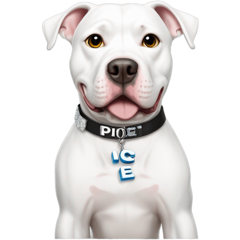 White pitbull with a collar that spells out Ice emoji