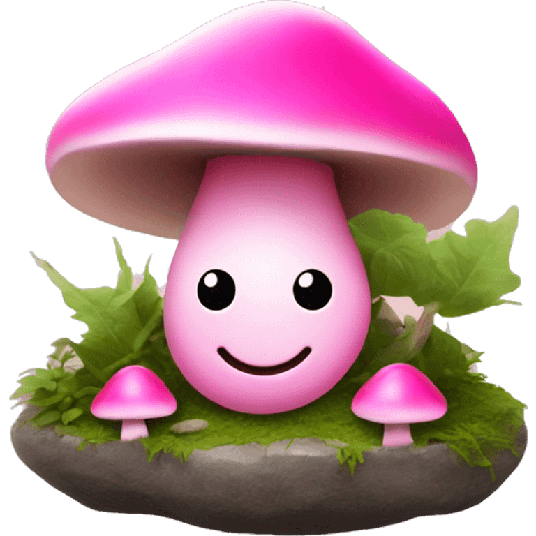 Pink little smiley mushroom man growing between two round rocks emoji