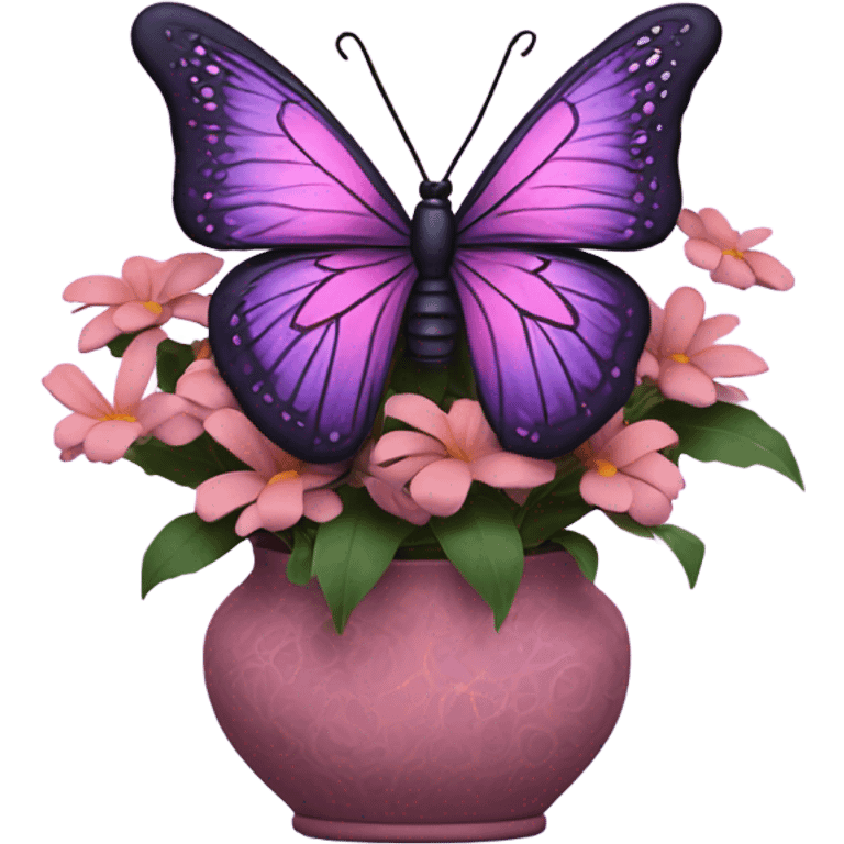 Aesthetic butterfly with purple and pink wings sitting on a dark purple bouquet of Brats in a pastel pink vase  emoji