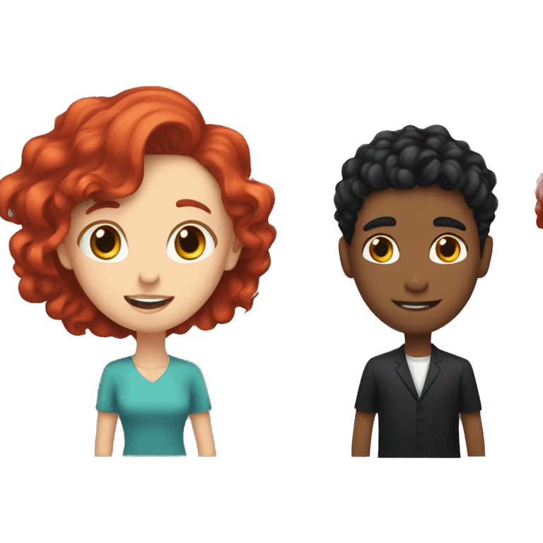 A girl with red wavy hair and a guy with black hair with a comb over, they toss emoji