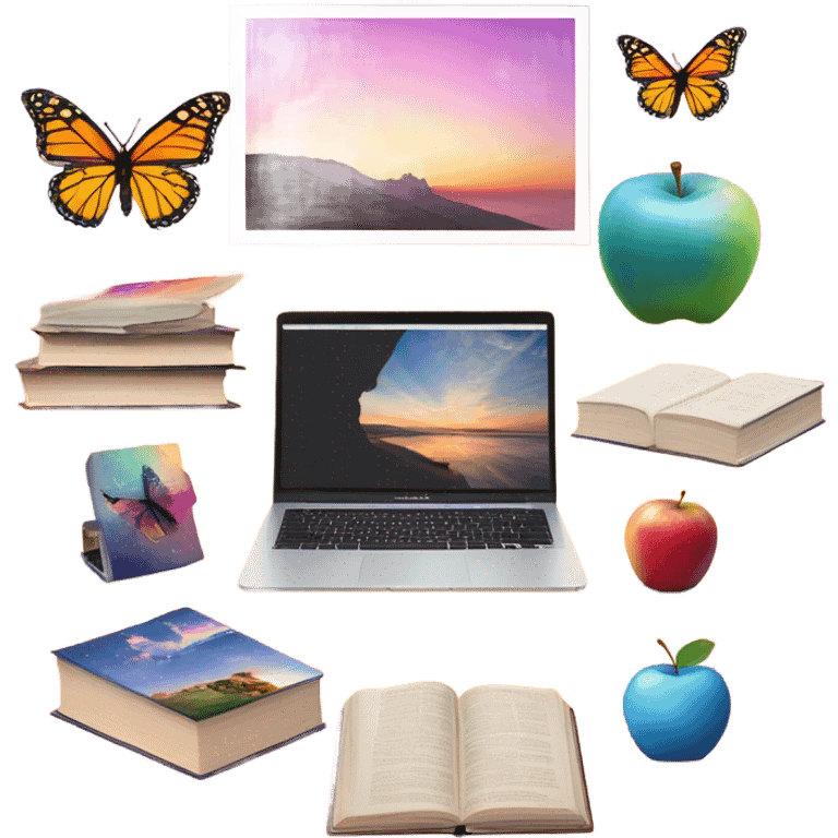 A vision board with images of a Apple laptop, sunrise, books, butterfly  emoji