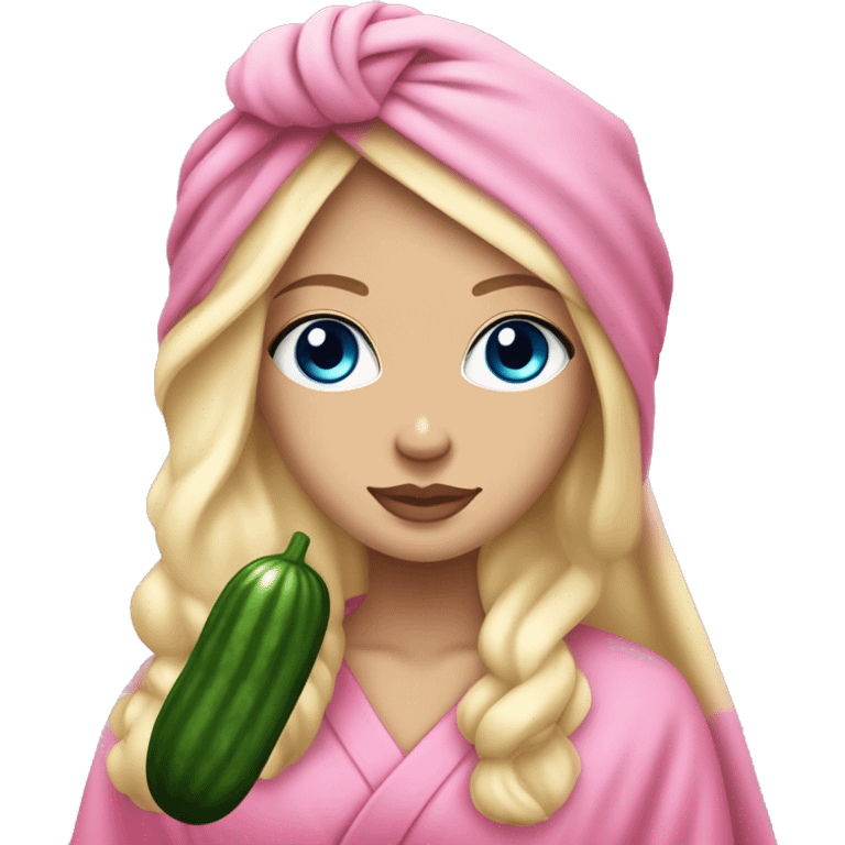 White girl with long blonde hair and blue eyes and pink lips with a spa towel on her head and a robe on with cucumbers on her eyes emoji