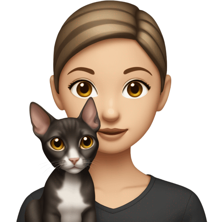 Girl with straight brown hair with cold blond highlights, hazel eyes, eyeliner, holding black oriental shorthair cat emoji