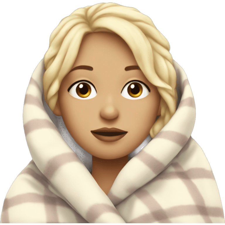 pretty blonde girl wrapped in big blanket drinking hot chocolate with marshmallows and her eyes closed emoji