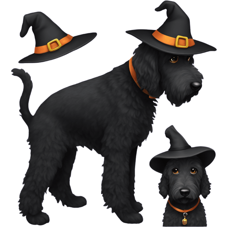 Black labradoodle wearing a witch hat  emoji