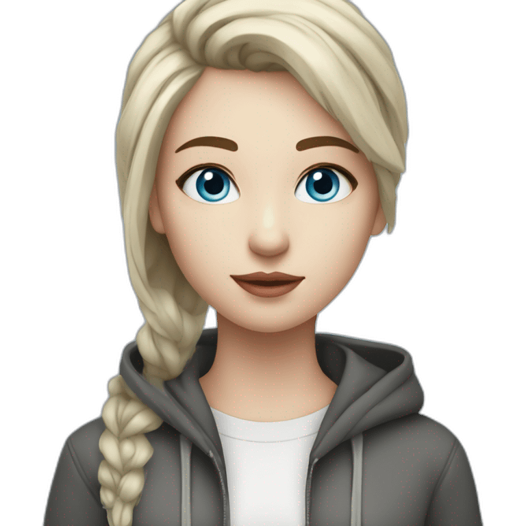 girl codes on computer,beautiful girl with short hair with computer, programming,blue eyes,white skin, makeup, hoodie emoji