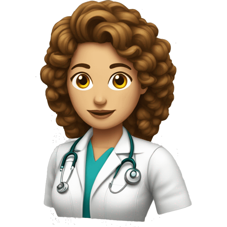 Mujer pelo marron rizado largo doctora emoji