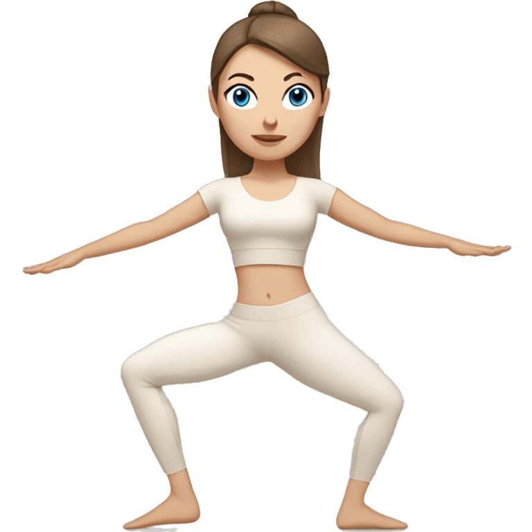 A White woman with blue eyes and brunette hair in a high ponytail doing yoga in beige and light pink emoji