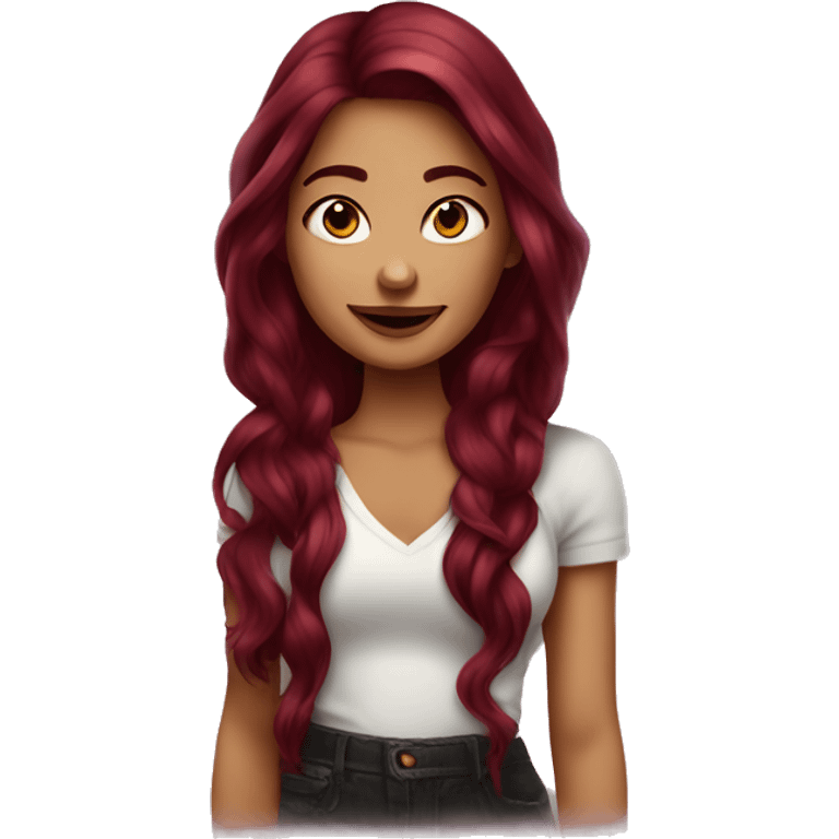 Beautiful tattooed  burgundy long haired woman blushing in love emoji