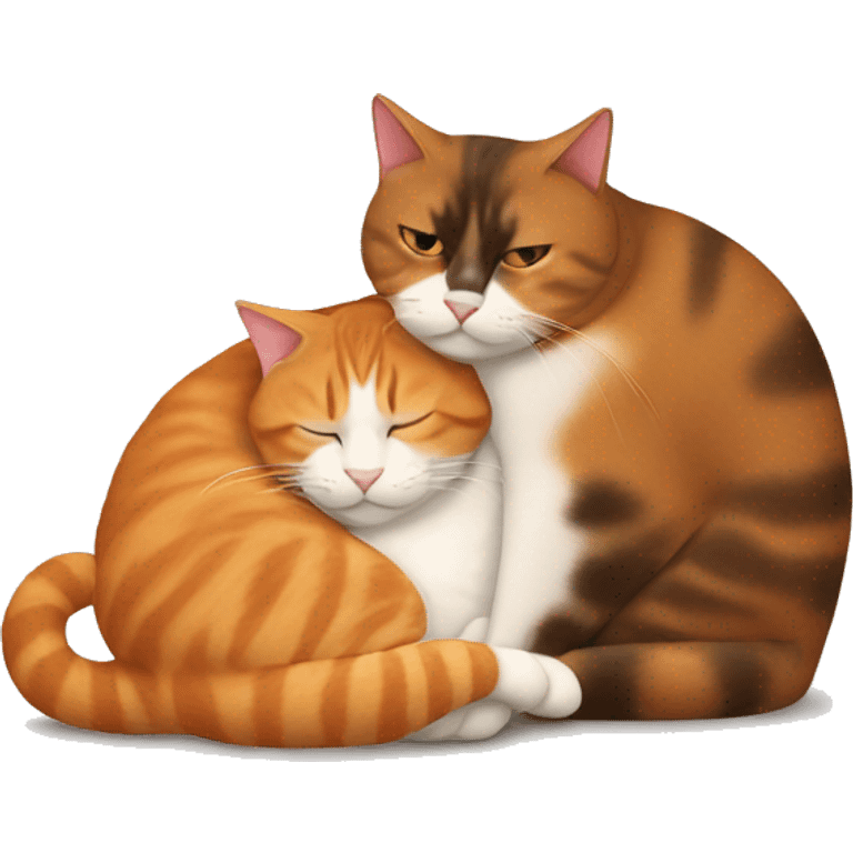 Fat Orange cat and skinny brown calico cat cuddling together emoji