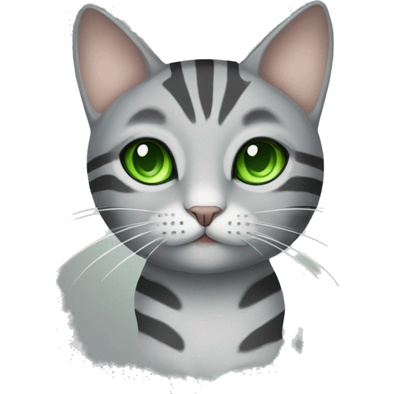 A striped grey cat with green eyes with  emoji